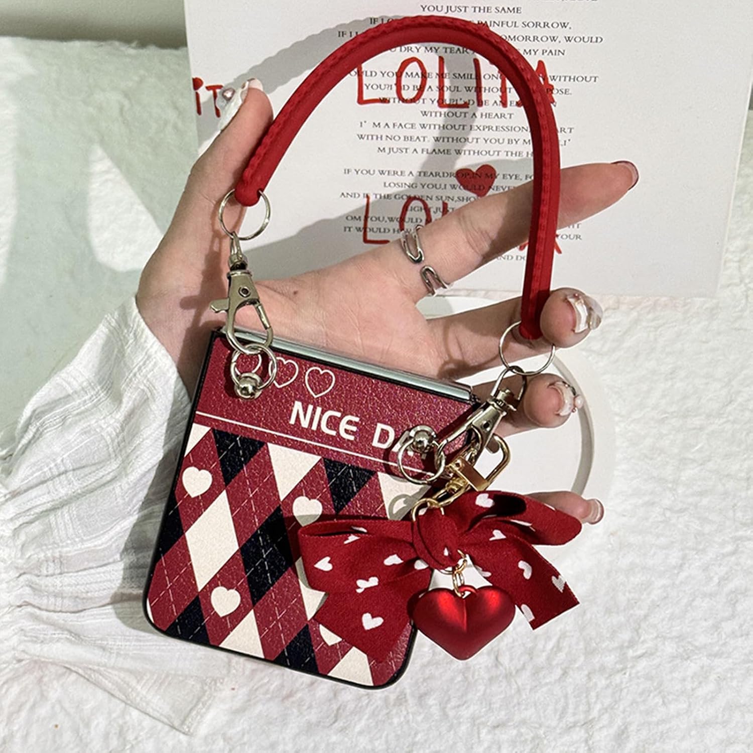 for Motorola Razr 2026/2025/2024 Case, Shock‑Absorbing Leather Cover with Hand Strap, Cute Cartoon Aesthetic Drop‑Proof Protective Case for Women Girls (Red)