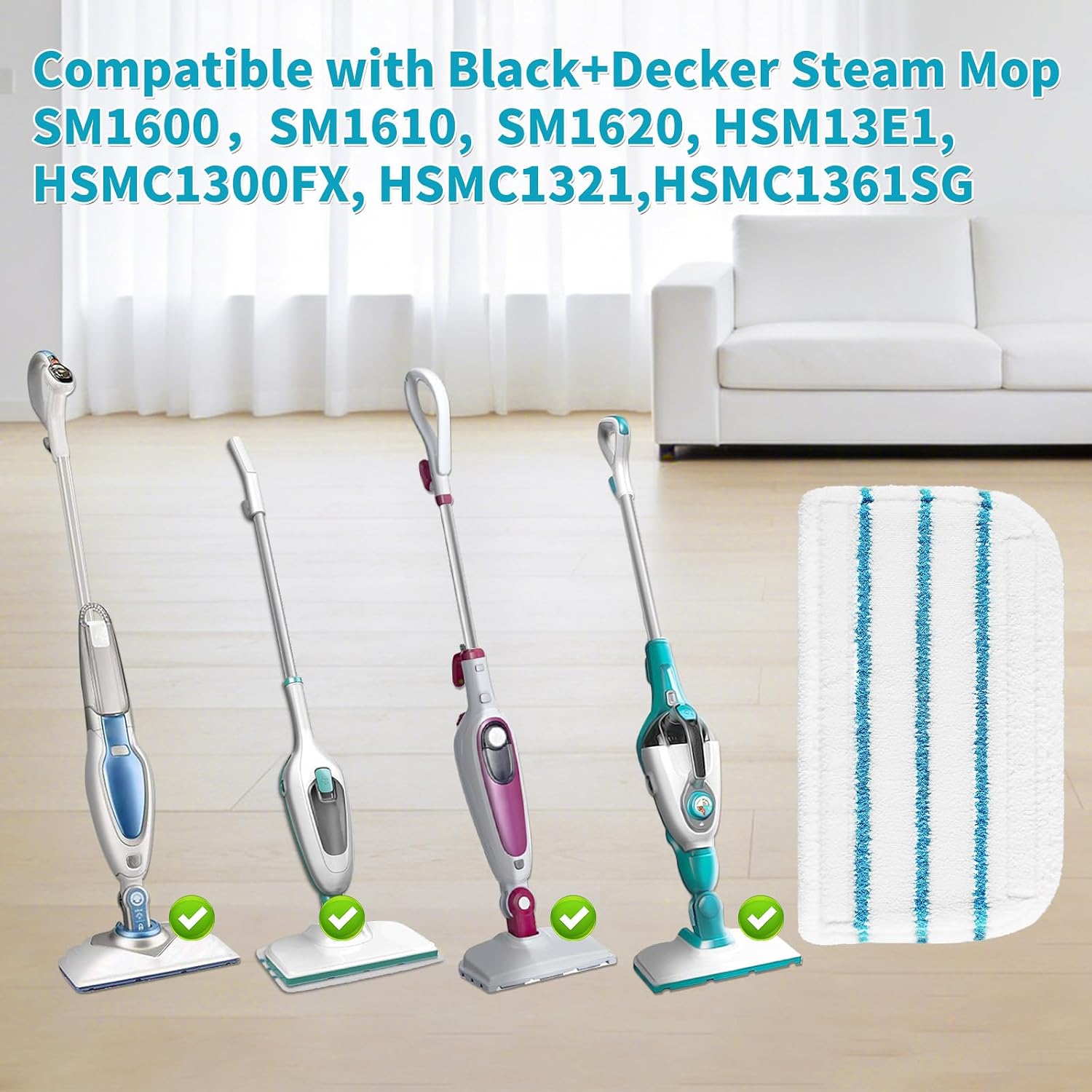 Replacement Steam Mop Pads for Black+Decker Steam Mop SM1600 SM1610 SM1620 HSM13E1 HSMC1300FX HSMC1321 HSMC1361SG, 6 Pack Washable Microfiber Cleaning Pads