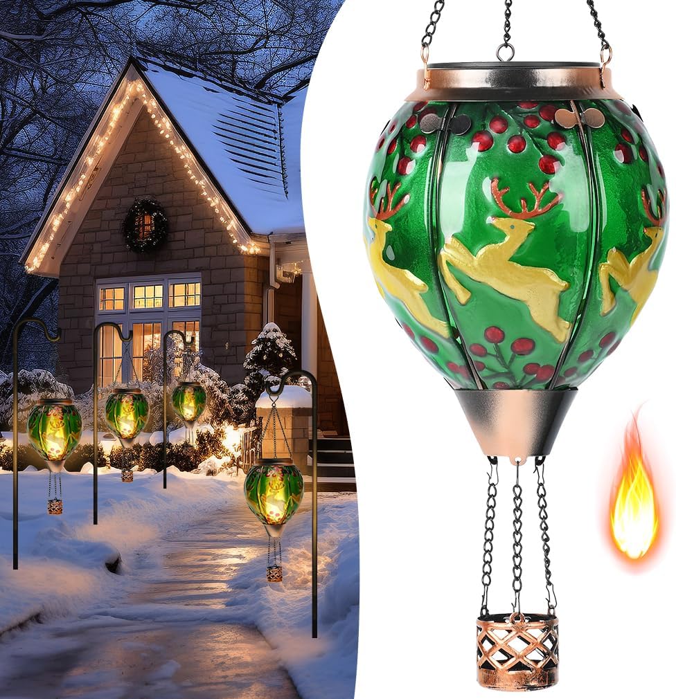Hot Air Balloon Solar Lantern - Cardinal Bird Glass Lantern, Simulated Flickering & Dancing Flame, Outdoor Hanging Yard Light Waterproof IP65 for Patio Lawn Porch Decor Gift