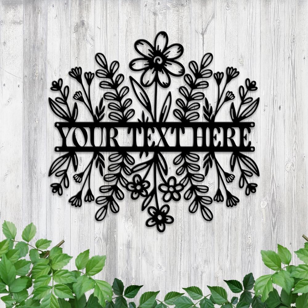 MeMate Custom Name Garden Sign - Metal Flowers Art Decoration, Personalized, 8-24 Inches, Housewarming Gift