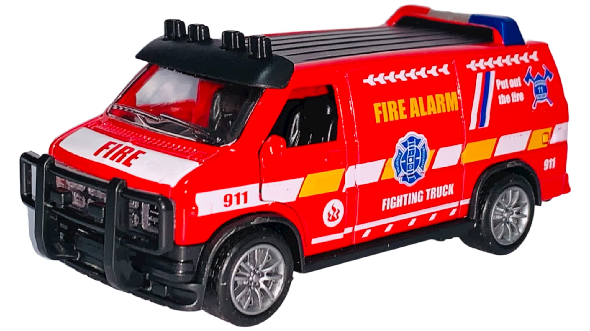 Miniature Mart Small Size Metal Die-Cast Pull Back & Go Mini Van Toy for Kids Front & Back Openable Doors | Toys for Boys | Color May Vary (911 Fire Fighting Truck)