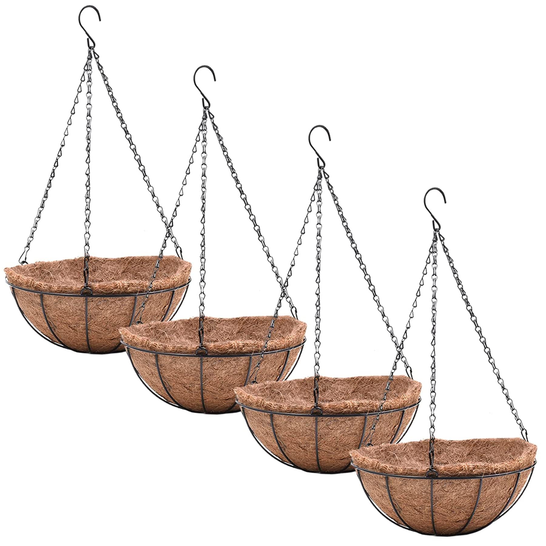 EIMQUVW 4 Pack Hanging Planter Basket Outdoor Large Hanging Flower Pots Indoor 12 inch with Coco Coir Liner Round Wire Plant Holder Chain Hanging