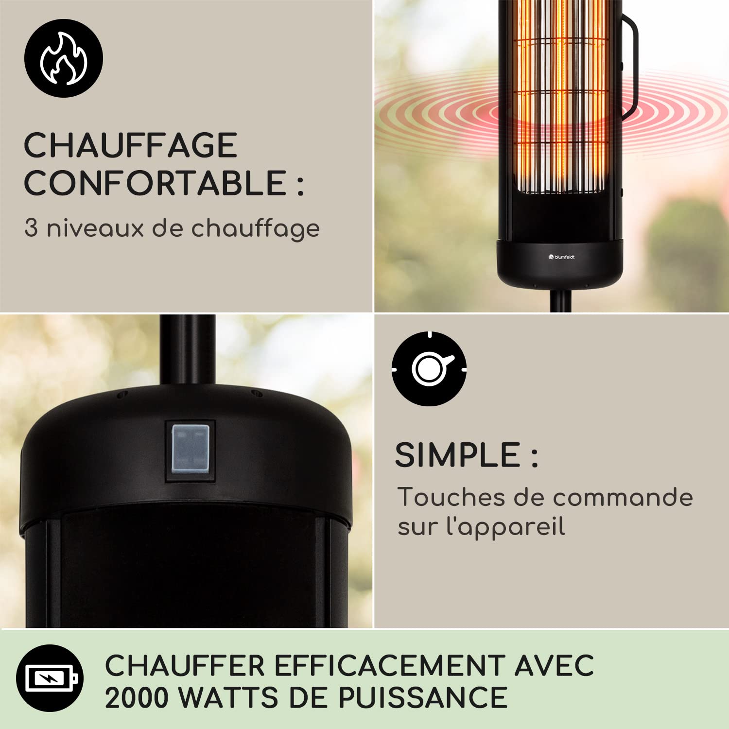 Klarstein Chauffage Electrique à Infrarouge, Chauffage de Jardin 2000W, Terrasse Exterieur IP54, Efficacité Energétique, Fixer Sur Parasols de Jardin, d'Appoint Econome, Sans CO2