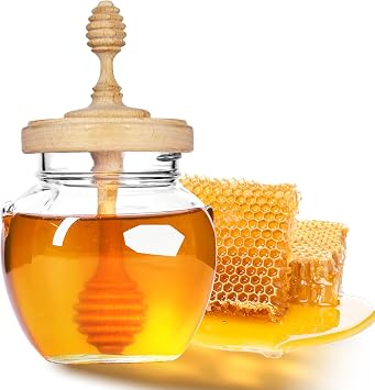 Bitbat Honey Pot 17oz Glass Honey Jar with Dipper, Wooden Honey Dipper Stick, Glass Honey Dispenser Container with Lid