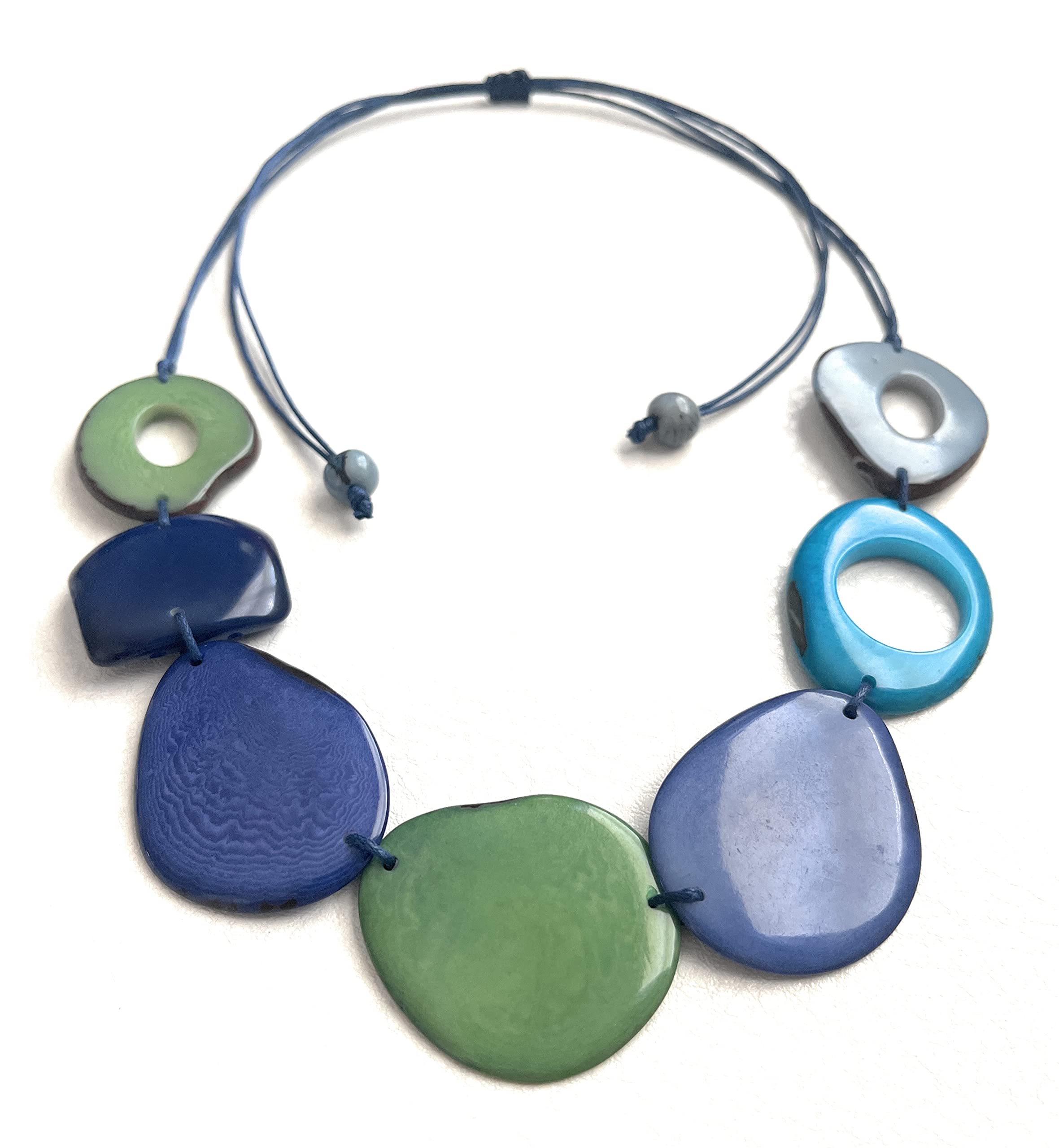 Tagua nut necklace in blue, green TAG613, organic eco friendly necklace. adjustable length statement necklace