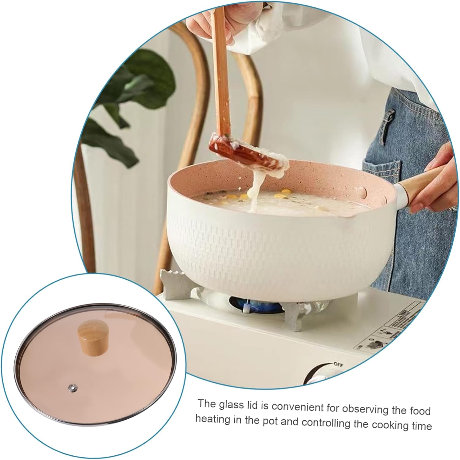 PRETYZOOM Nonstick Saucepan with Lid Japanese Noodle Pot Versatile Cooking Vessel for Gas Induction and Electric Stoves with Wooden Handle and Transparent Cover