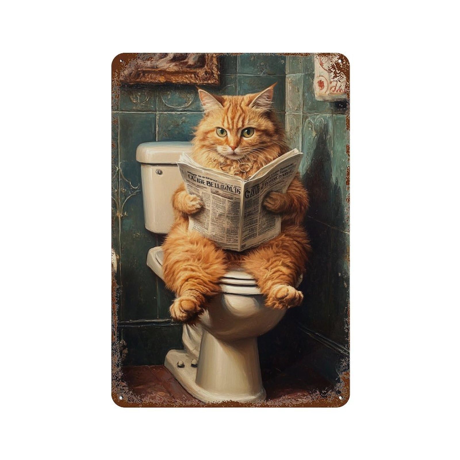 Vintage Rust Metal Sign Cat Reading Newspaper on Toilet 11.8"x7.9", Novelty Wall Decor for Office, Studio And Wall Decor