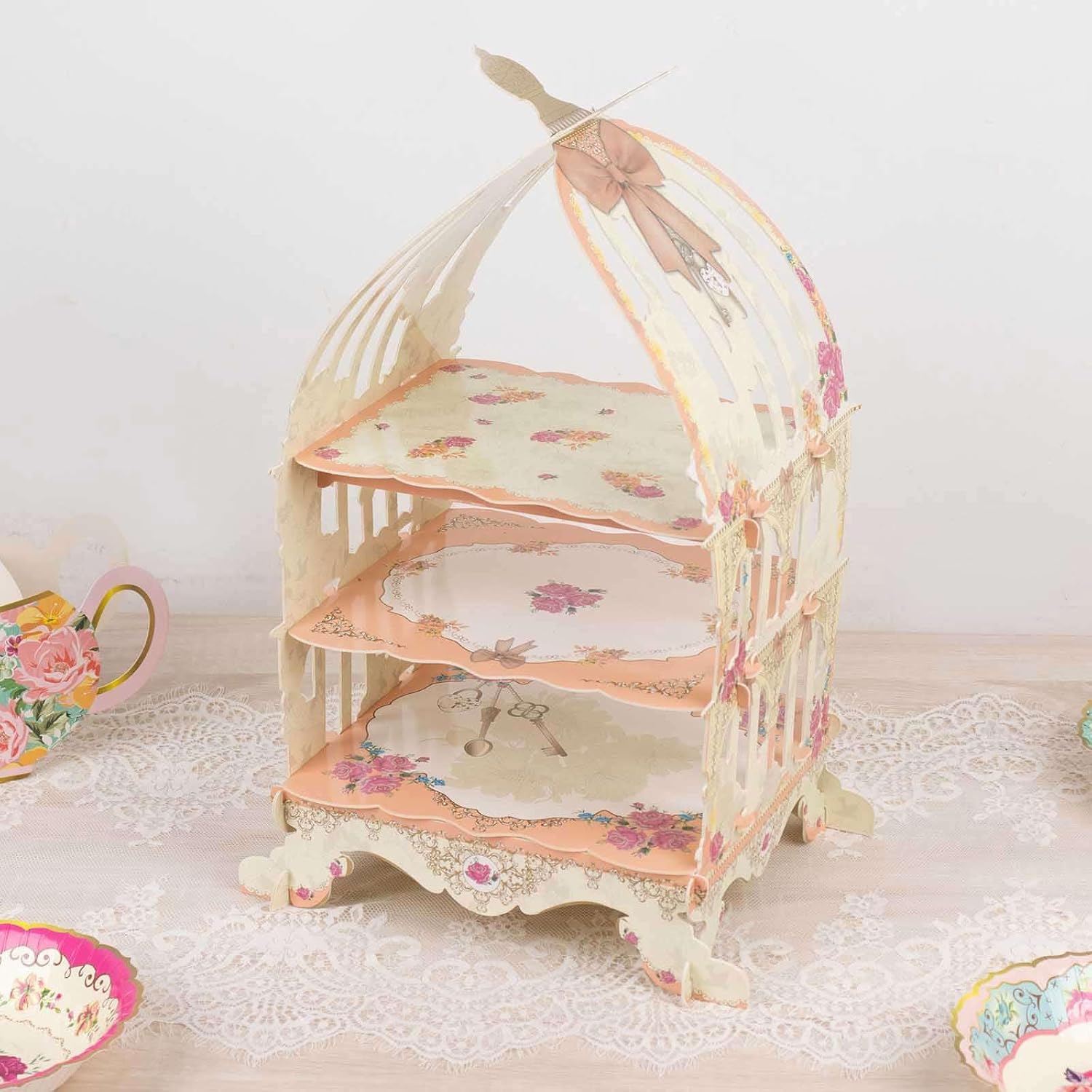 Efavormart 3 Tier White Peach Birdcage Cardboard Cupcake Stand with Floral Print, Cake Display Dessert Holder - 18"