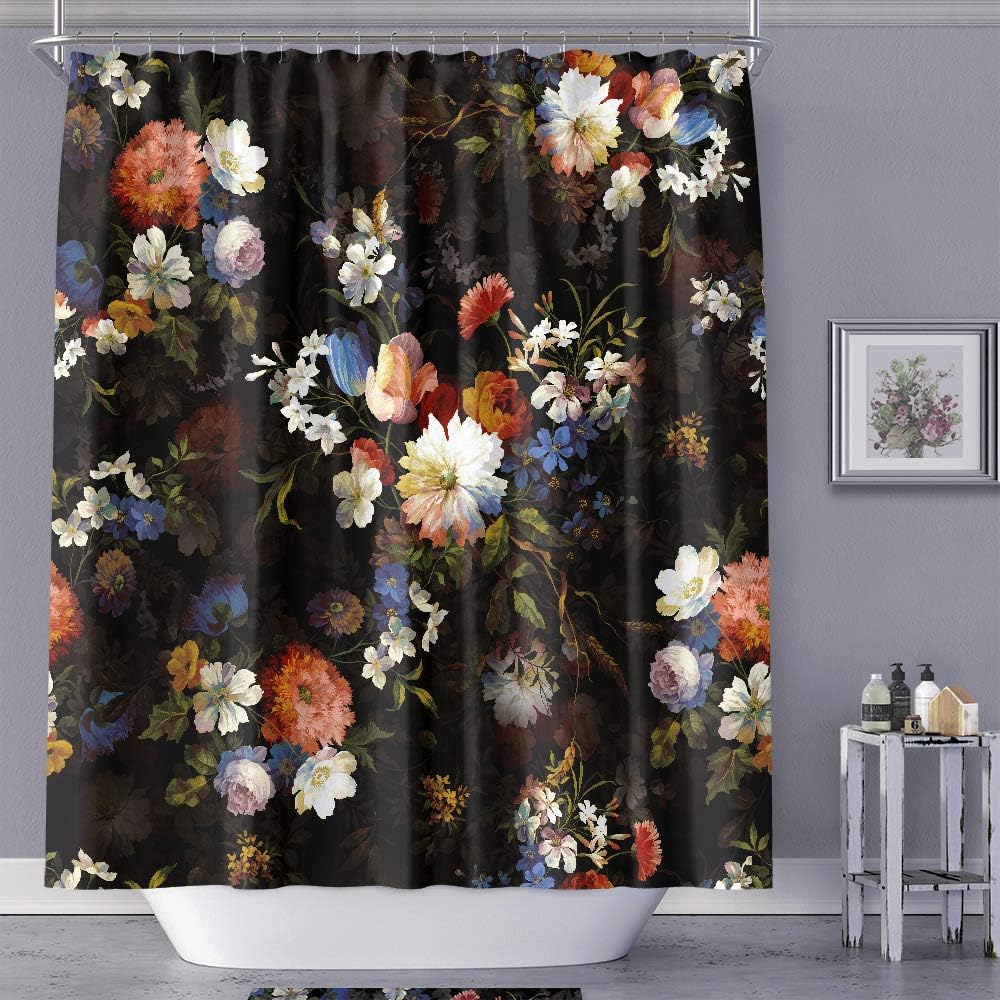 MACOFE Black Boho Floral Shower Curtain, Watercolor Flower Bathroom Decor, Waterproof & Washable Fabric Shower Curtain Set with Hooks, 72x72 Inches