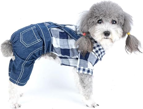 Zunea Small Dog Jumpsuit Denim Puppy Clothes Overalls Soft Cotton Plaid Shirt and Jean Pants Outfits Summer Pet Clothing Chihuahua Doggie Apparel for Dogs Boy Blue XS