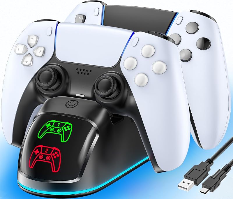 Controller Charger for PS5, Dual Charging Dock Station for PlayStation 5 Dualsense & Edge with RGB Light, Fast PS5 Dual Controller Charging Station with Cable Black for PlayStation 4 Chargers