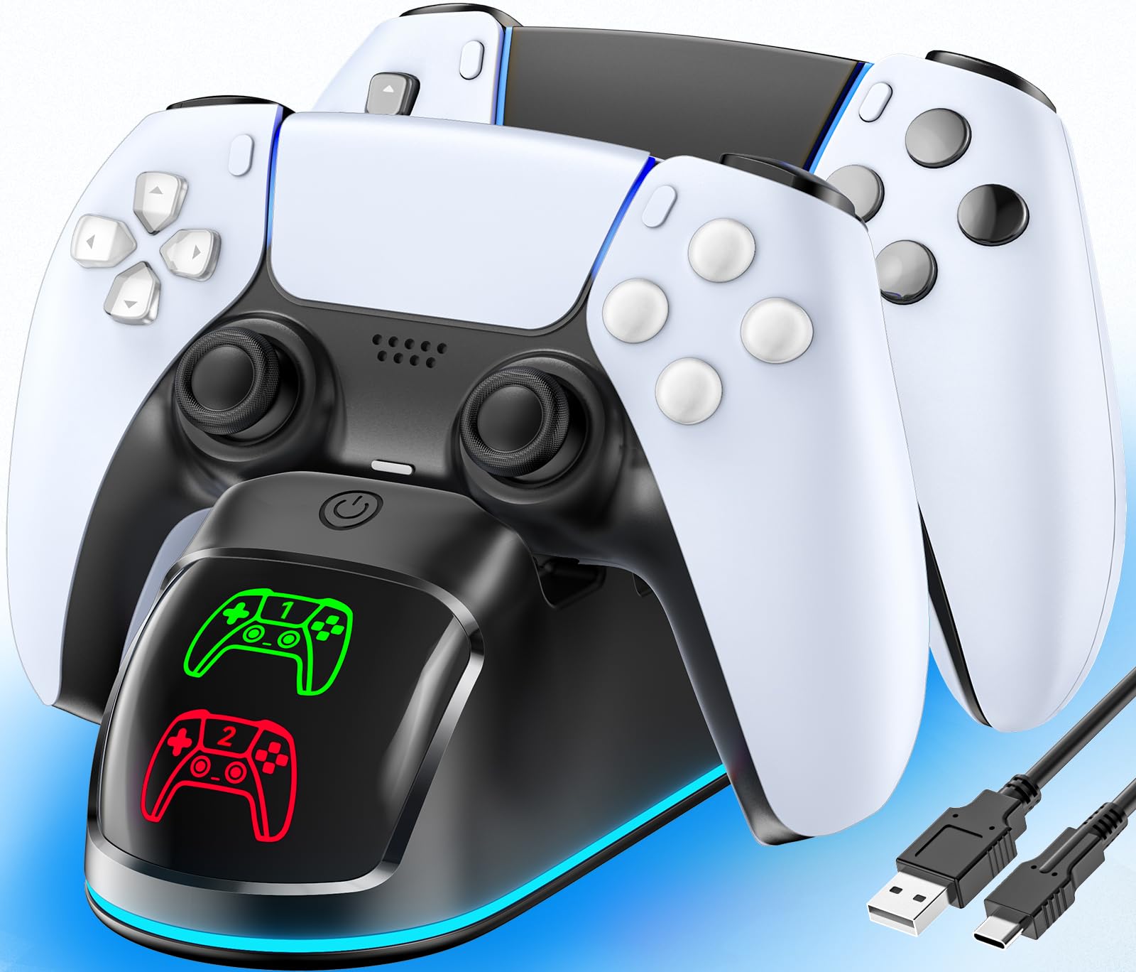 Rysker Controller Charger for PS5, Dual Charging Dock Station for PlayStation 5 Dualsense & Edge with RGB Light, Fast PS5 Controller Charging Stand with Cable for PlayStation 5 Console, Black-image-11