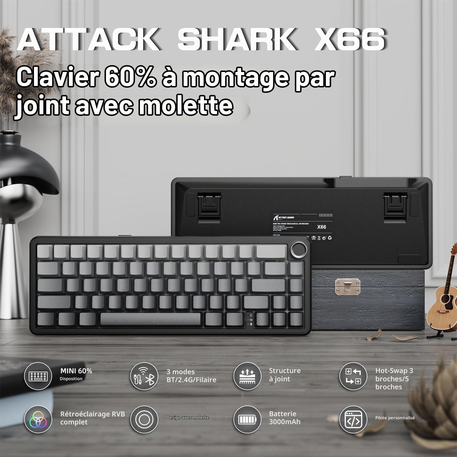 LexonElec x Attack Shark X66 60% Clavier Mécanique sans Fil avec Bouton de Volume, Hot-Swap Switch Linéaire, 2.4G/USB-C/BT5.0, QWERTY PBT Keycaps, Mini Clavier de Jeu 66 Touches RGB pour Win/Mac-Gris