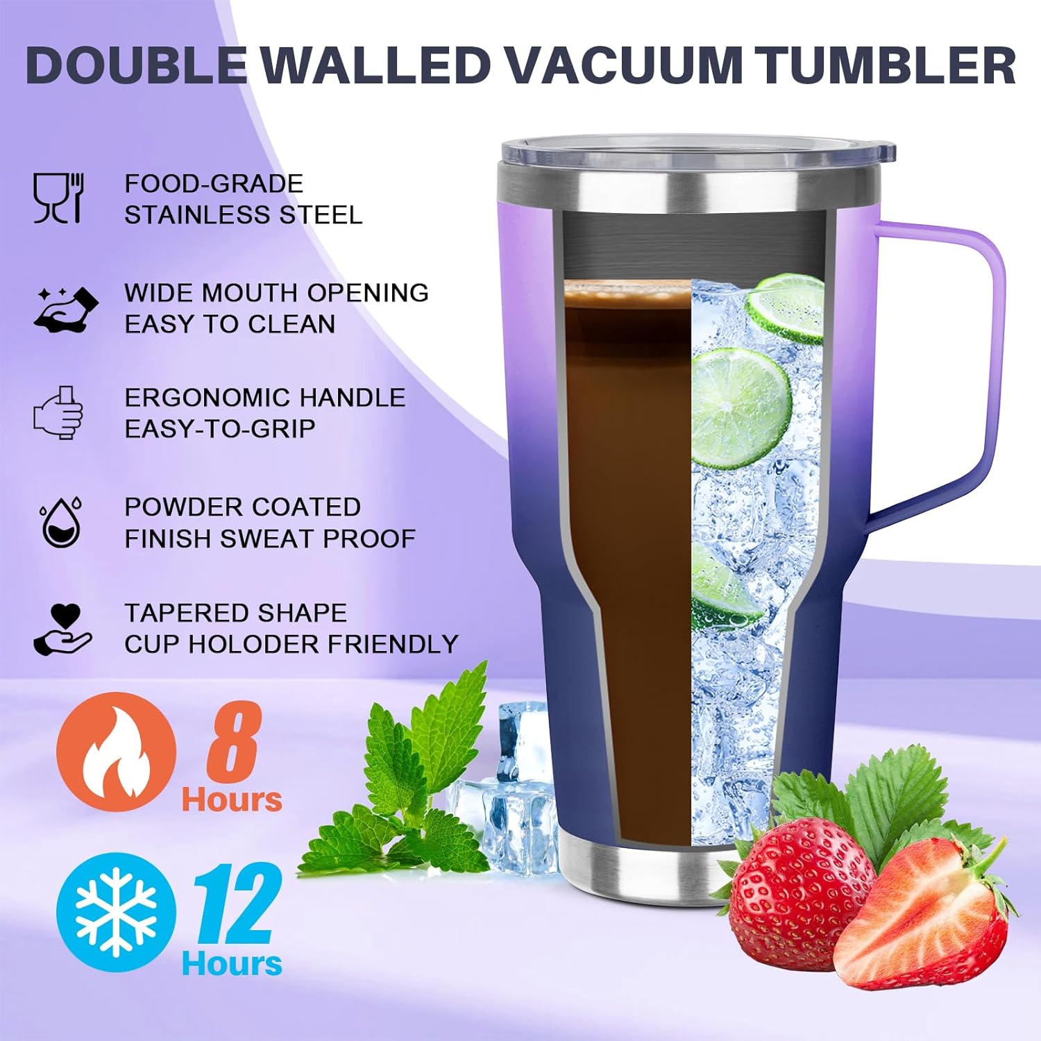 30 oz Stainless Steel Tumbler with Handle, Double Wall Vacuum Insulated Coffee Mug Tumbler with Lid and Straw, Thermal Cup for Cold and Hot (Purple Navy Blue) - Image 3