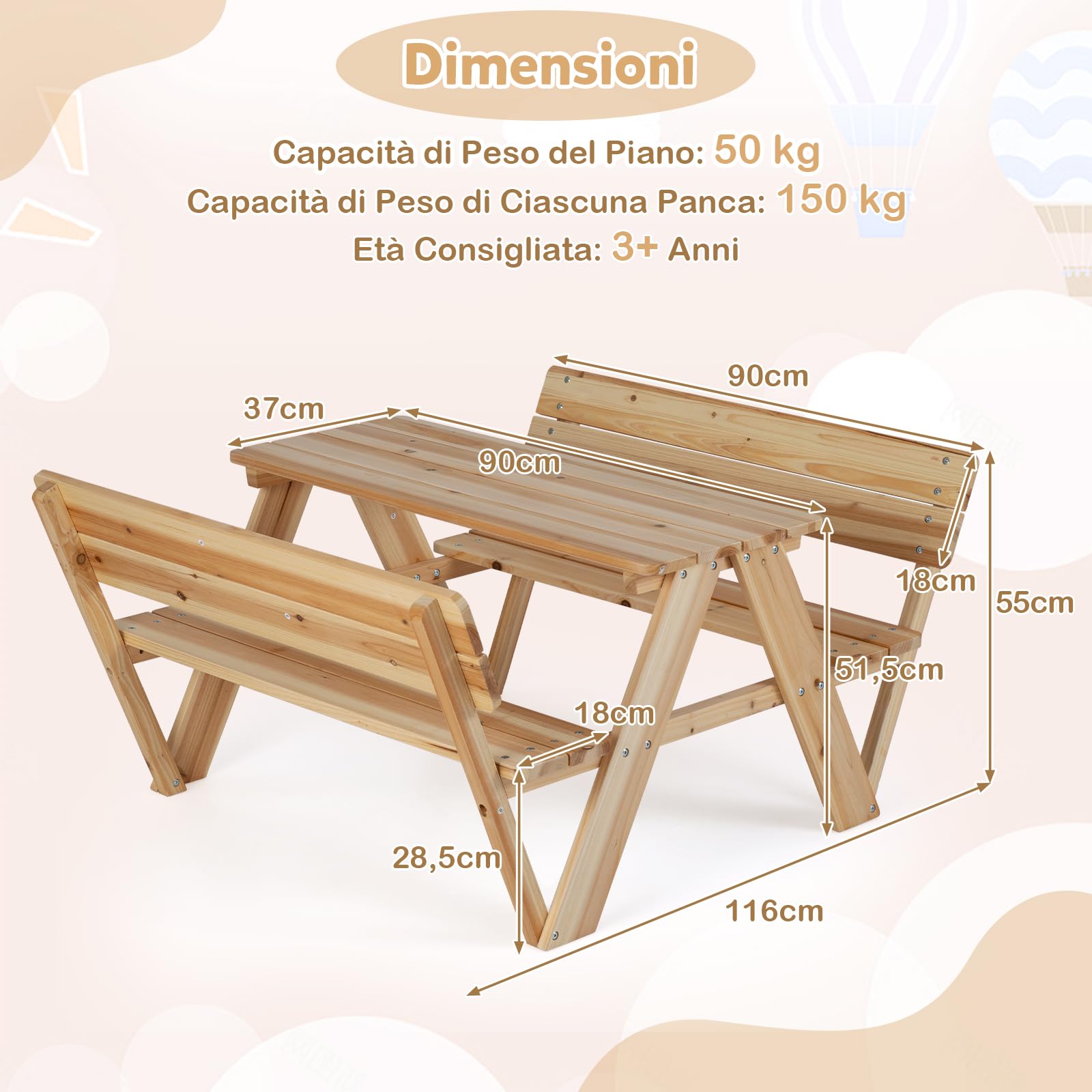 COSTWAY Tavolo da Picnic per Bambini in Legno con 2 Panche Integrate | Set di Tavolo e Sedie per Attività all'Aperto, Mobili per Bambini 3+ Anni per Cortile, Patio e Giardino