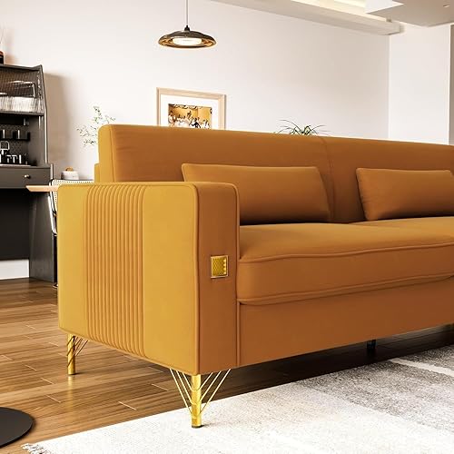Miniatura 9 de ReyTinn Sofá moderno de terciopelo negro de mediados de siglo de 85 pulgadas con patas de metal dorado, sofás de dos plazas copetudos de 3 plazas