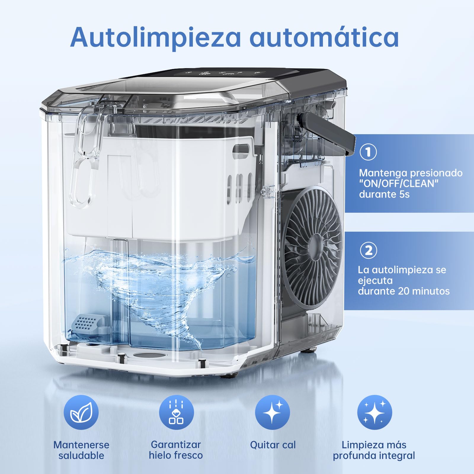 WIE Máquina de Hielo, 1.5L Autolimpiable Máquina para Hacer Hielo, 2 Tamaños de Hielo, 9 Cubitos Listos en 6 Minutos, con Asa, pala y Cesta para Hielo, Ideal para Cocina/Oficina/Bar, Acero Inoxidable