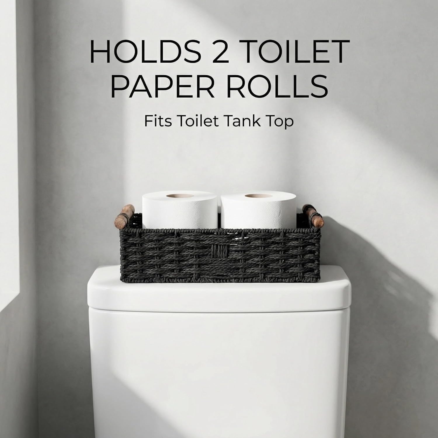 Back of Toilet Basket, Black Toilet Tank Basket for Toilet Paper Storage (Holds 2 Rolls), Paper Rope Wicker Storage Bin with Wooden Handles for Toilet Top, Over Toilet Shelf, Bathroom Counter - Image 2