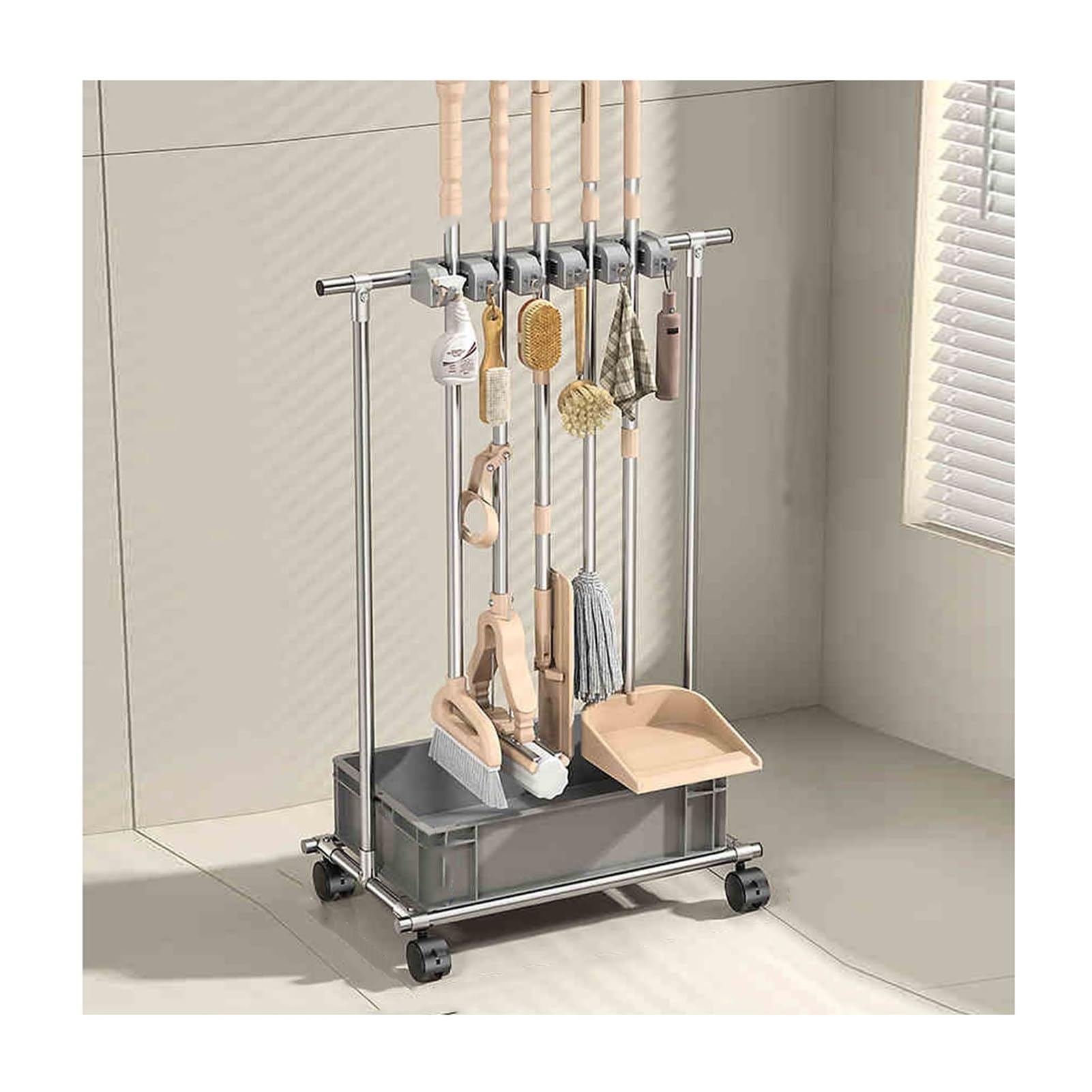 Chariot en acier inoxydable pour balais et serpillières avec roulettes robustes