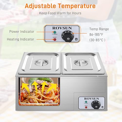 Miniatura 5 de ROVSUN Calentador de alimentos comercial eléctrico de 42.3 cuartos de galón de 1200 W, mesa de vapor de 4 bandejas de 10.6 cuartos de galónsartén de