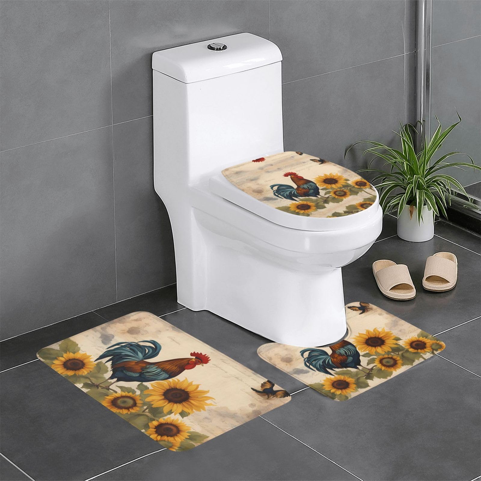 Tapis de salle de bain antidérapants : lot de 3 tapis vintage coq tournesol