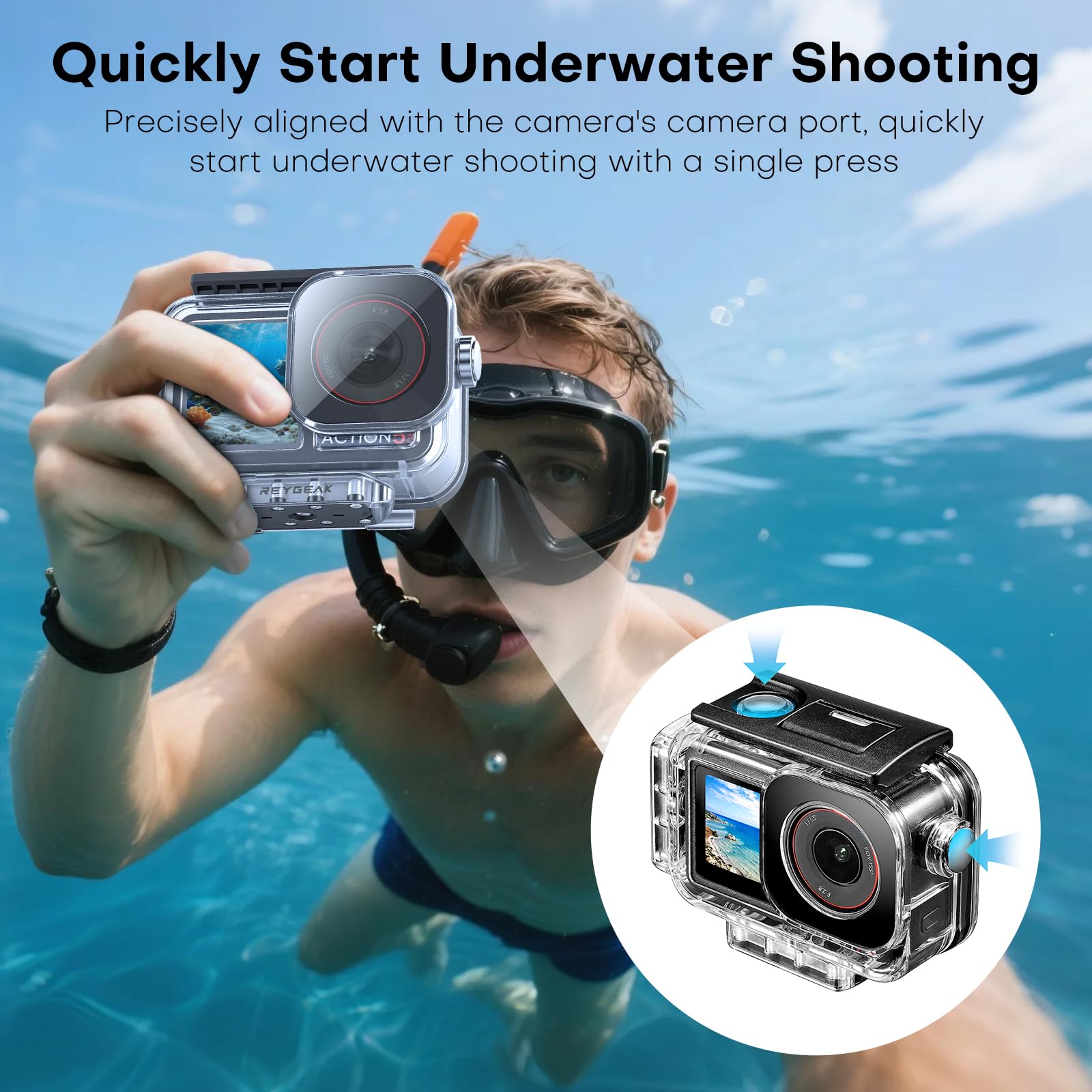 REYGEAK Wasserdichtes Gehäuse für Osmo Action 5 Pro/Action4/3, 40 m Tauch-Schutzhülle für DJI Osmo Action 4/3 Action 5/4/3 Magnetische Adapterhalterung ，Antibeschlagfolie
