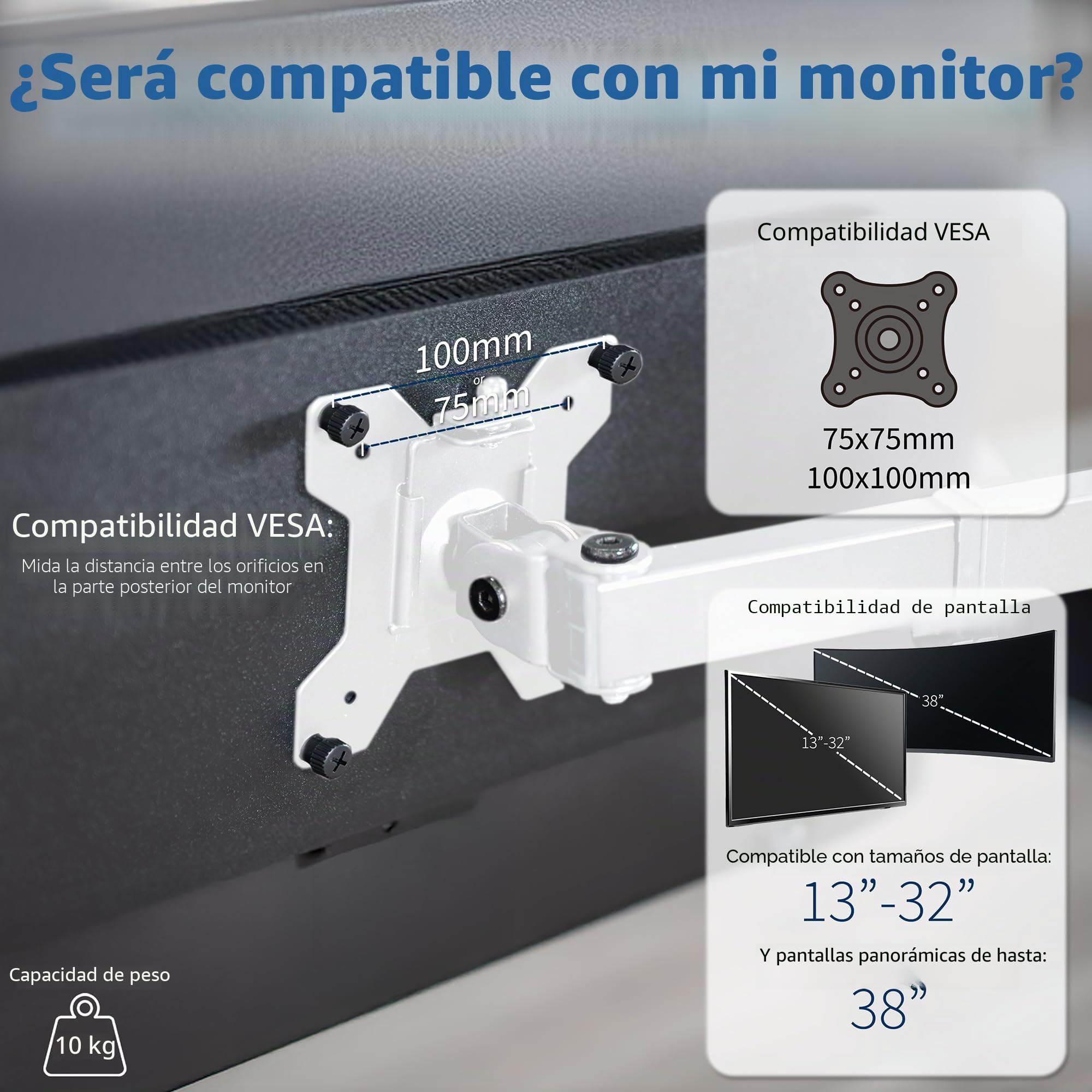 Vivo STAND-V001W Soporte de Escritorio con Brazo para Monitor 32 Pulgadas y 38 Pulgadas Ultraancho, Abrazadera en C, VESA 75x100 mm, Blanco