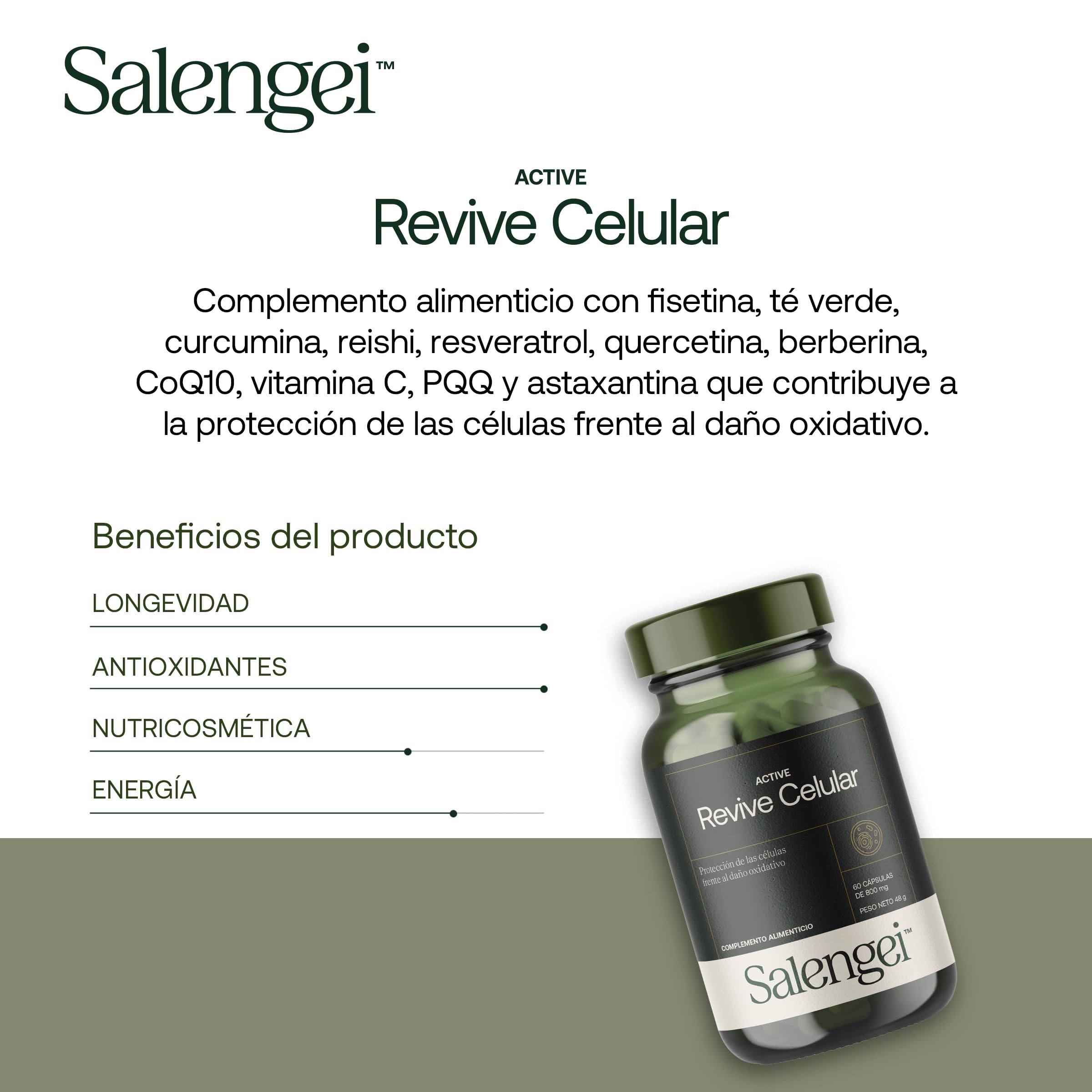 ACTIVE REVIVE CELULAR - Protección de las células frente al daño oxidativo | Fisetina, té verde, curcumina, reishi, resveratrol, quercetina, berberina, CoQ10, vitamina C, PQQ y astaxantina |