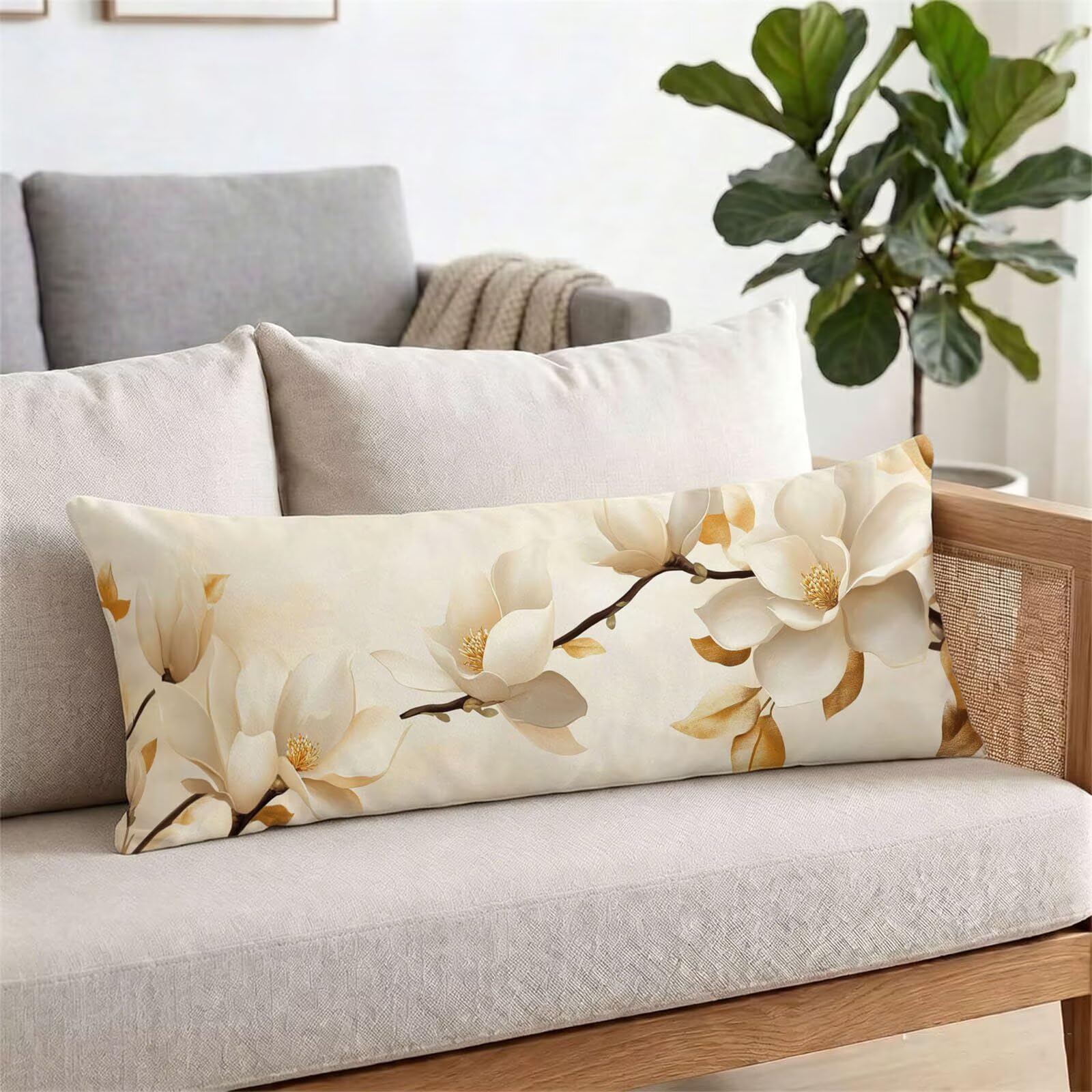 Funda de Almohada 60 x 180 cm Crema Protector Almohada 180 cm con Cremallera Invisible, Lino Durable y Transpirable Pillow Case Largas Flor Impresión a Doble Cara para Cama, Sofá y Dormitorio dg-227