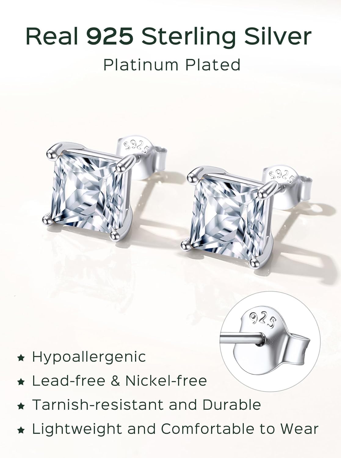 ChicSilver 925 Sterling Silver Birthstone Earrings for Women, 8MM/2 Carat Heart, Round & Princess Cut CZ Stud Earrings, Hypoallergenic Jewelry, Ideal Birthday or Christmas Gifts - Image 4