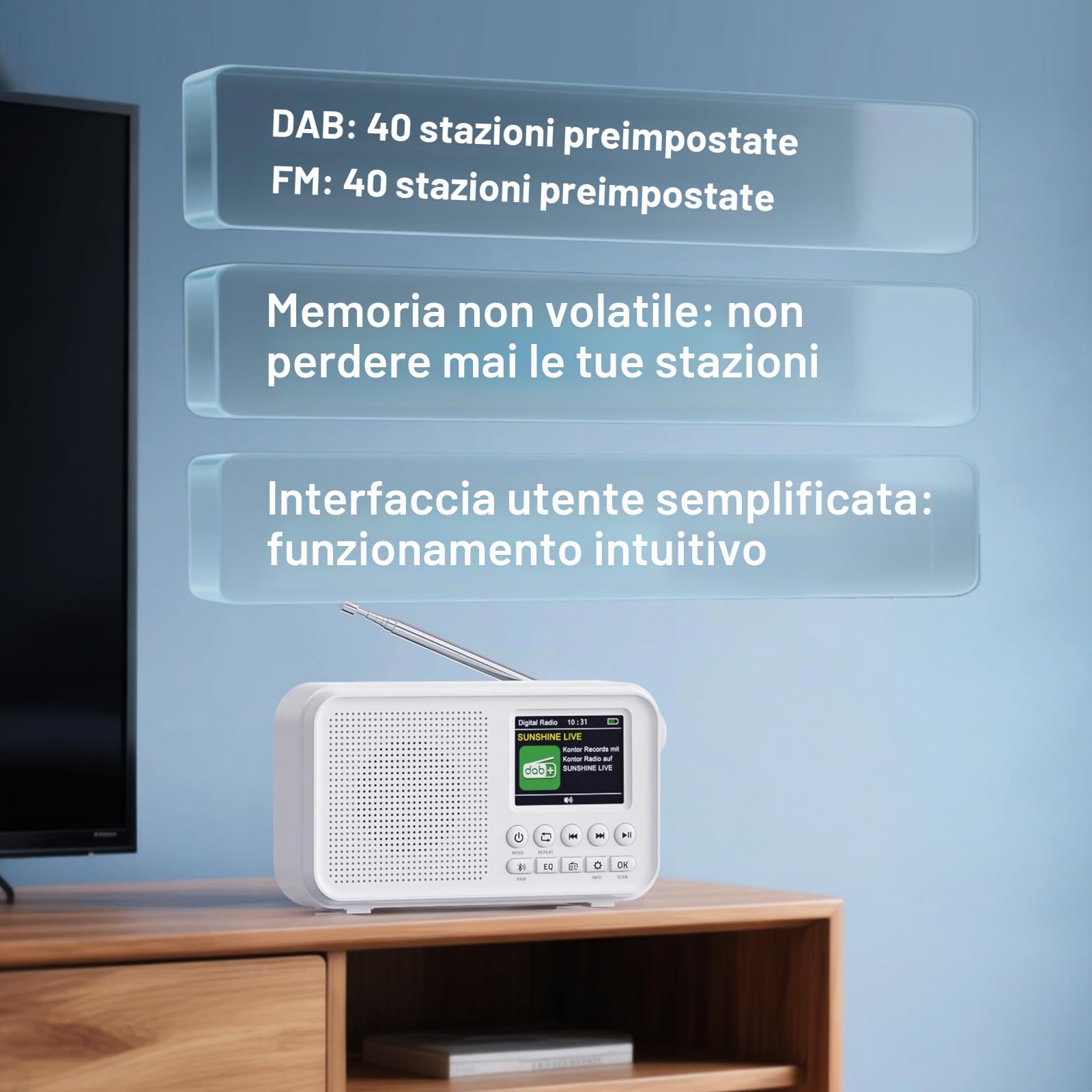ROCAM Radio Portatile DAB/DAB+/FM con Bluetooth 5.0 &Altoparlante Hi-Fi, 3000mAh Batteria Ricaricabile, 2,4"Display, Doppia Sveglia,40 DAB/FM Stazioni Preimpostate,12 Lingue, TF Slot per Scheda,Bianco