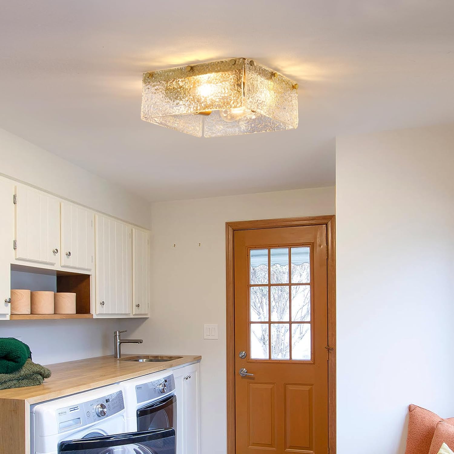 MWZ Modern Gold Semi Flush Mount Ceiling Light Fixture with Hammered Glass Shade, 4-Light 13.2'' Farmhouse Dimmable Flush Mount Lamp with Square Metal Chassis for Kitchen Island Hallway Laundry