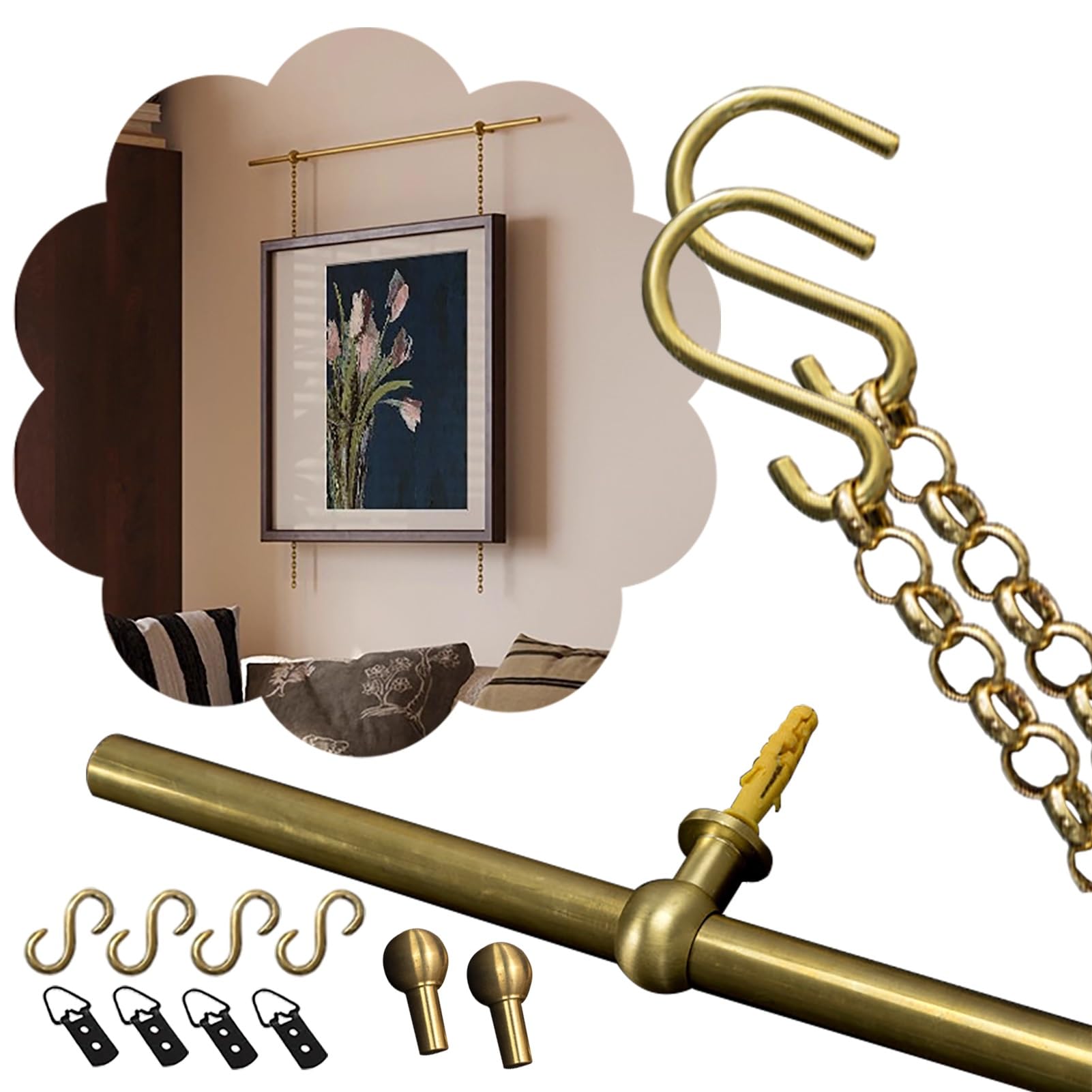 Bilderschienen Galerieschienen Dekoratives Bilderschienensystem für Das Wohnzimmer, Antike Messing-Galerieschiene für Wandbilderrahmen, Fotoschiene mit Kette, Haken und Schrauben(180cm/71in/5.9ft)