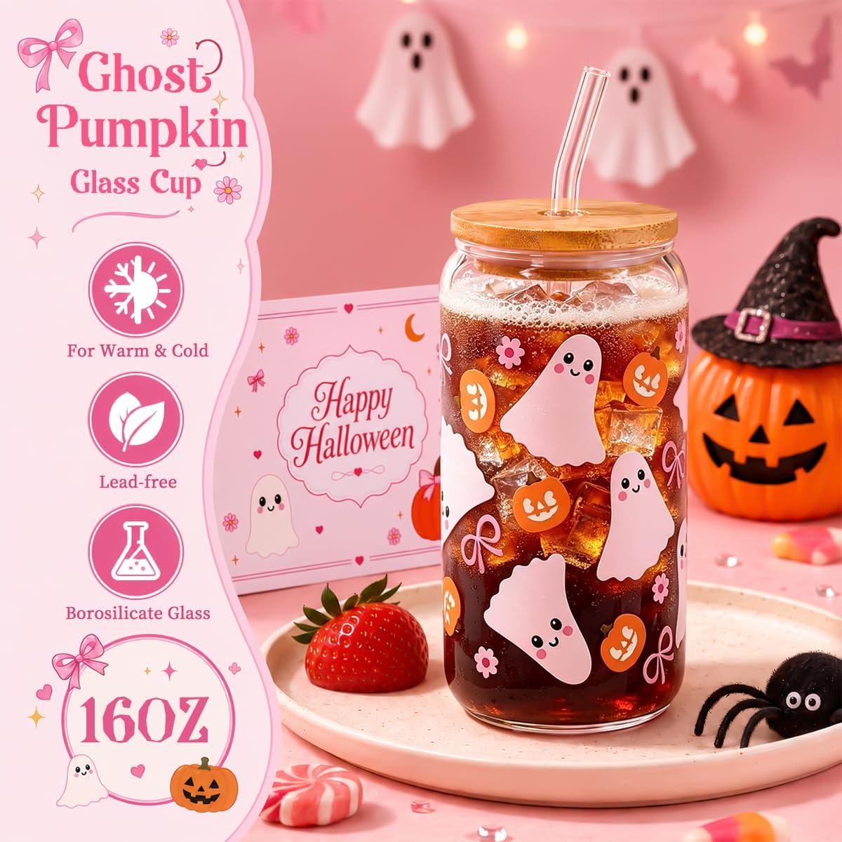 Pink Boo Basket Stuffers for Women, Halloween Gifts with Ghost Glass Cup
