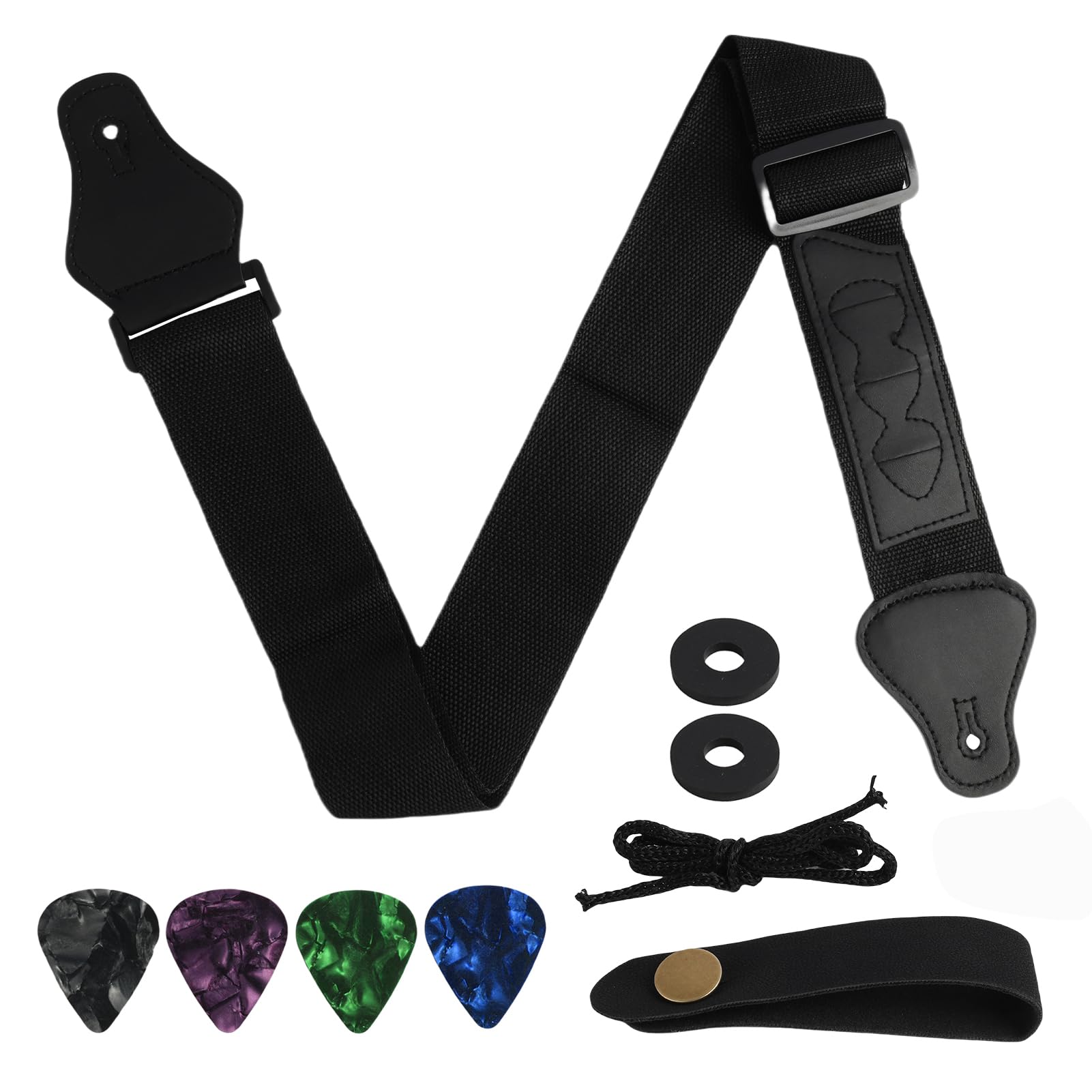Sangle De Guitare En Coton Tissé - Ajustable 84-140cm - Extrémités En Cuir - Avec 10 Médiators Et Boutons