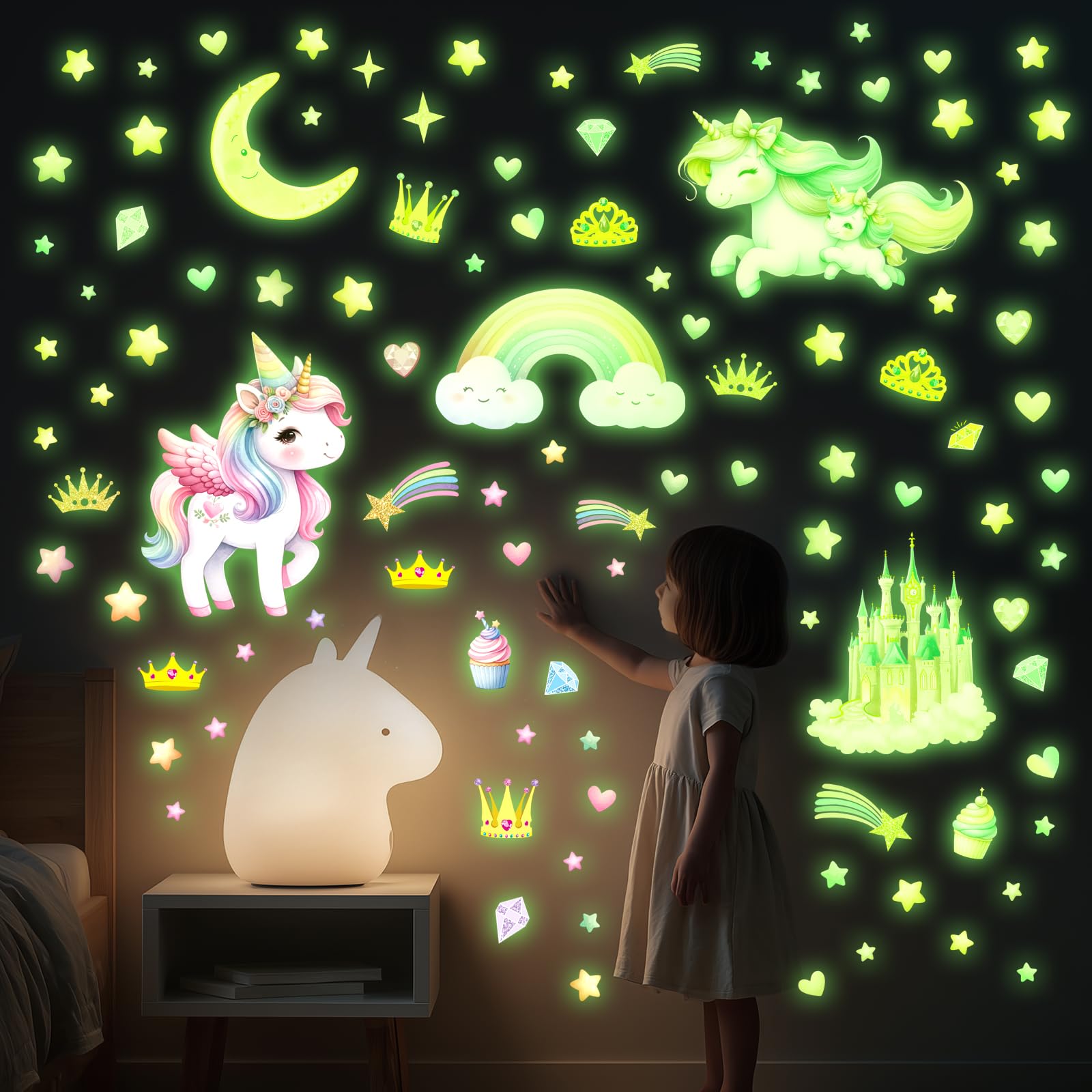 Autocollants Phosphorescents Licorne étoiles Château - 101 Pièces Brillent Dans Le Noir - Pour Chambre Enfant, Plafond