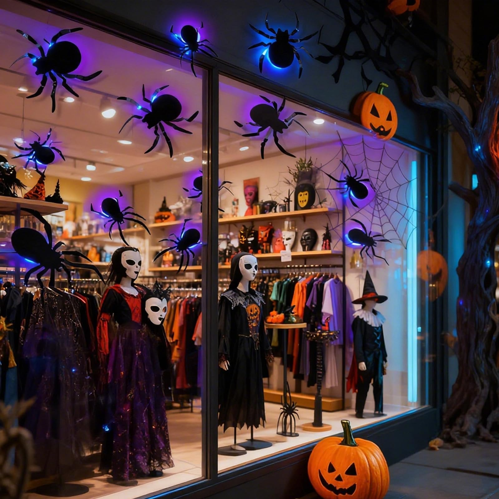 ALEGRE Dekoracja na Halloween, 10 sztuk, pająki 3D, dekoracja LED, świecące pająki, naklejki ścienne w 4 różnych rozmiarach, dekoracja LED na okno, drzwi, ścianę
