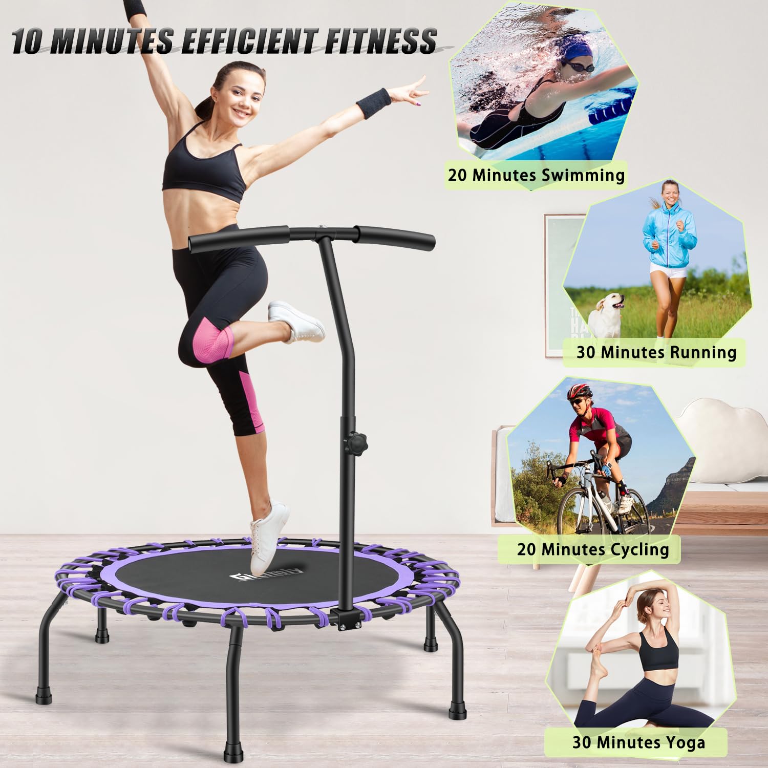 Fitness-Trampolin Ø ca 101cm,mit verstellbarem Lenker Fitness Rebounder für Indoor-Fitness, Bungee-Seil-Design-System, Die Beste Wahl für Aerobic-Training, Nutzergewicht bis 150kg