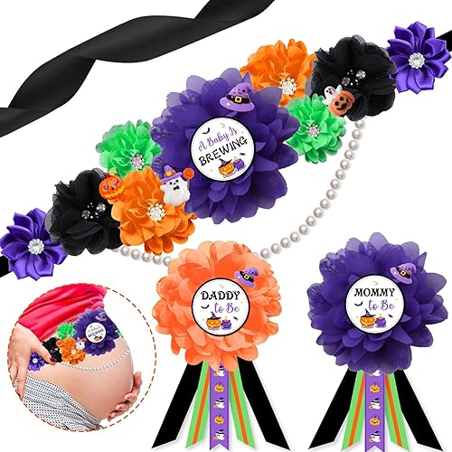 Conjunto de banda y ramillete de maternidad para baby shower, color naranja, morado, verde, para Halloween, para baby shower, cinturón para el