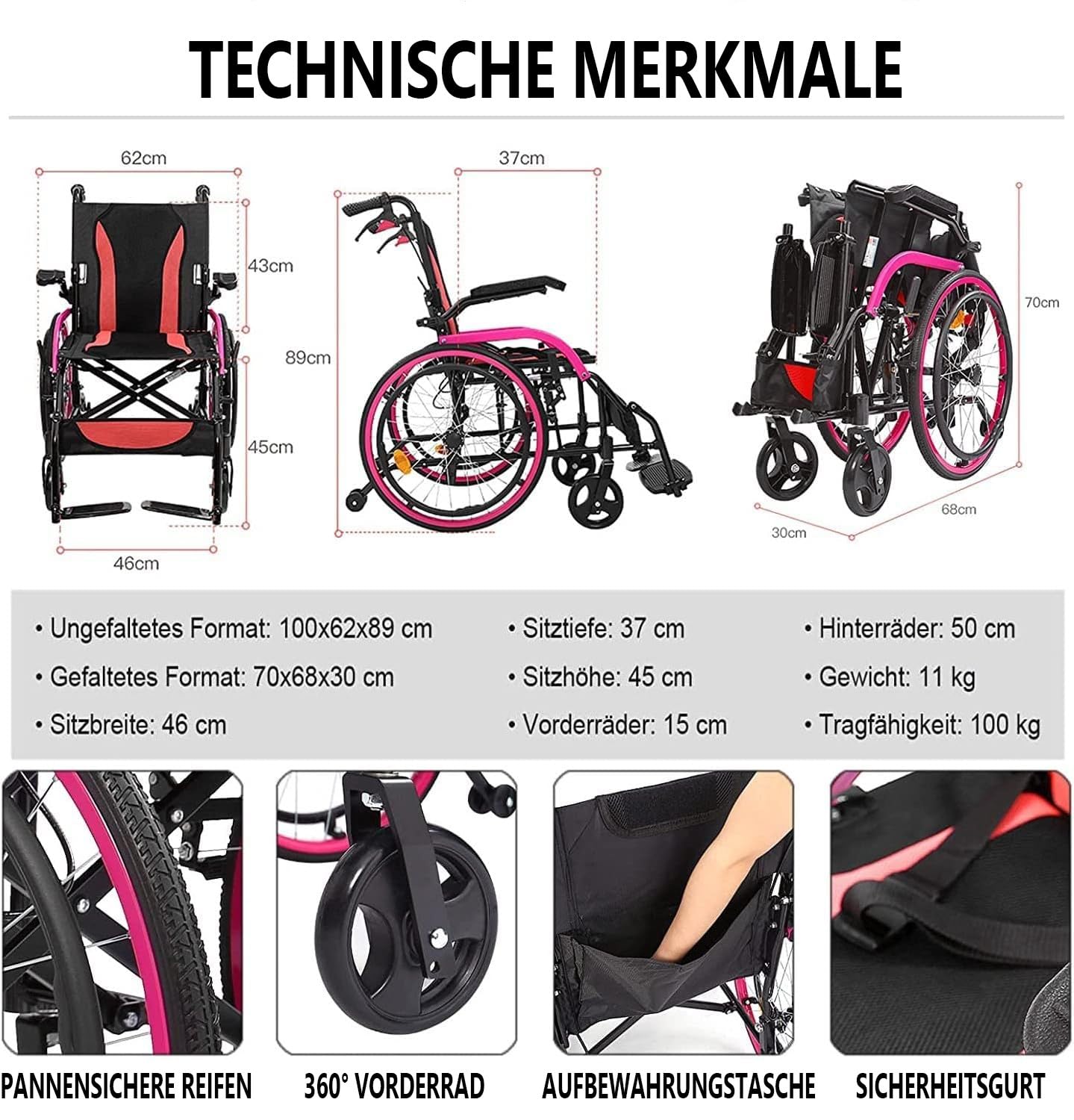 Silla De Ruedas Plegable Y Ligera De Aluminio, Silla De Ruedas Autopropulsada, Silla De Ruedas Ultraligera para Viajes, Ideal para El Hogar Y para Llevar De Viaje D