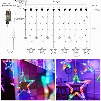 LED Lichterkette Lichtervorhang 3M 12 Sterne 138 LEDs Sternenvorhang Strom mit Merkfunktion Timer Fernbedienung 8 Modi Für Innen Außen Weihnachten Party Hochzeit Garten Balkon Deko Bunt [Energieklasse A]