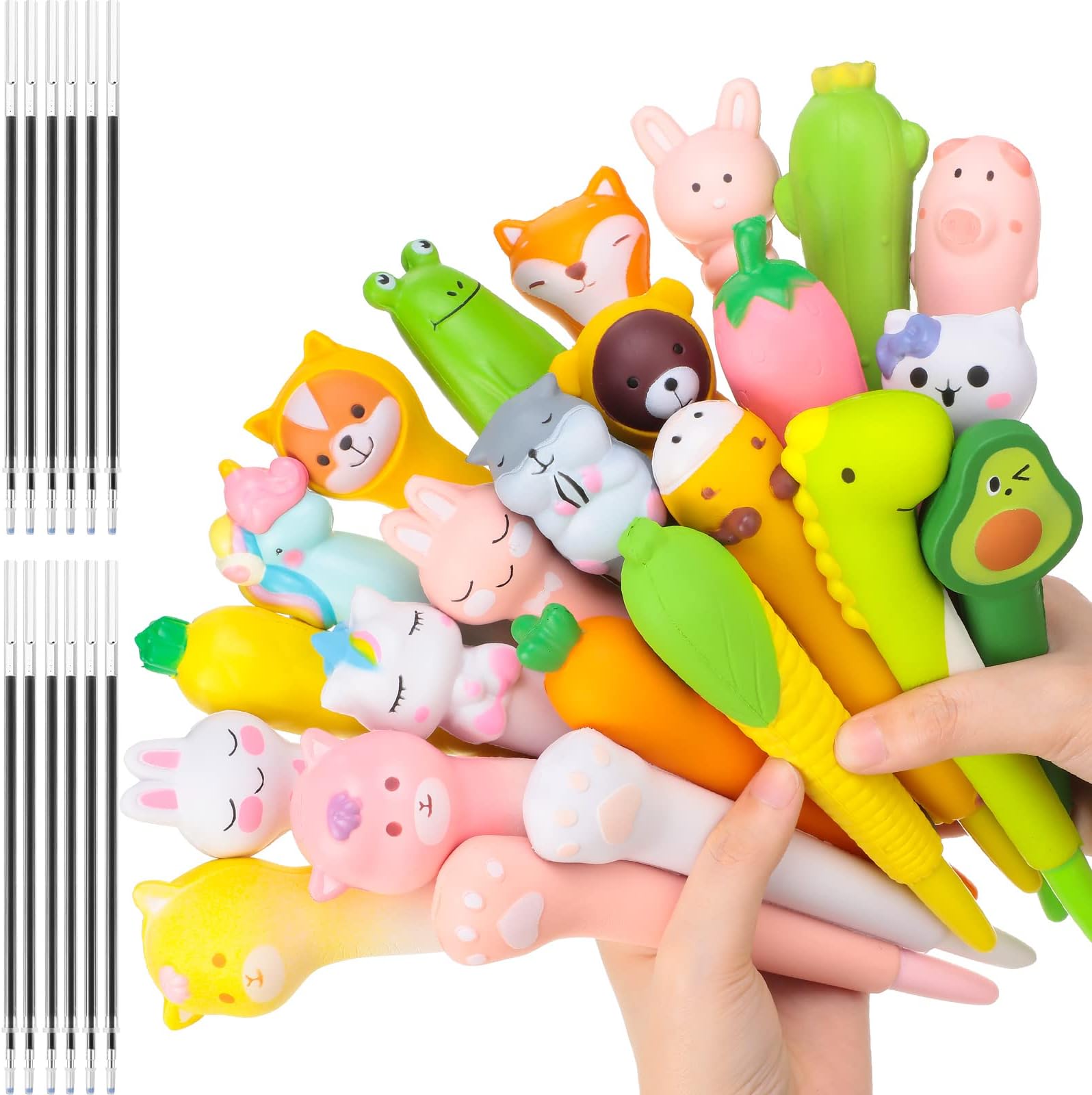Chinco 24 Pcs Cute Kawaii Pen Accessories For Girl Animal Fruit Shaped Stress Relief Supplies Gel Ink Pens with Replacement Refills for Kids Students School Office