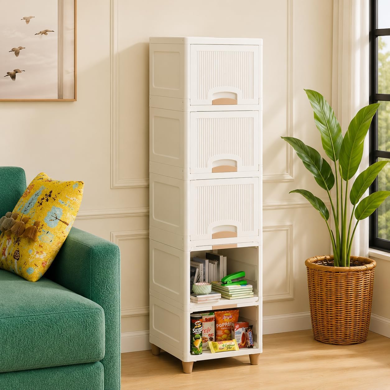 Plastic Wardrobe for Clothes, Multipurpose Storage Cupboard Organizer with Shelves, Portable Clothes Cabinet Almirah for Bedroom, Kids Room, Home & Office, Ivory (5 Layer)-image-40