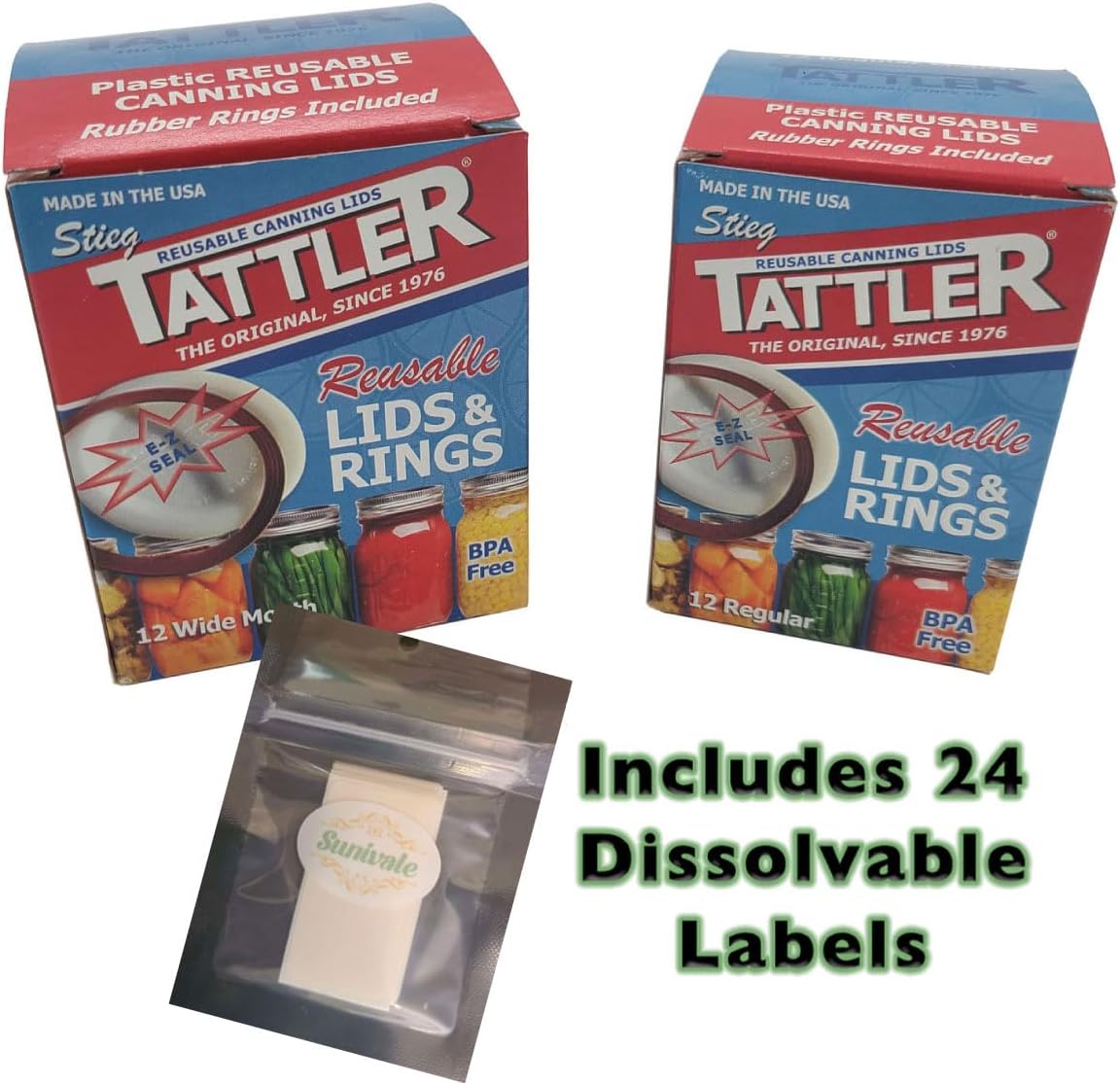 Reusable Canning Lids Bundle Includes 12 Wide and 12 Regular Mouth Tattler Lids and Rings and 24 Dissolvable Sunivale Jar Labels For Use With Hot Water Bath and Pressure Canning Methods Made in USA
