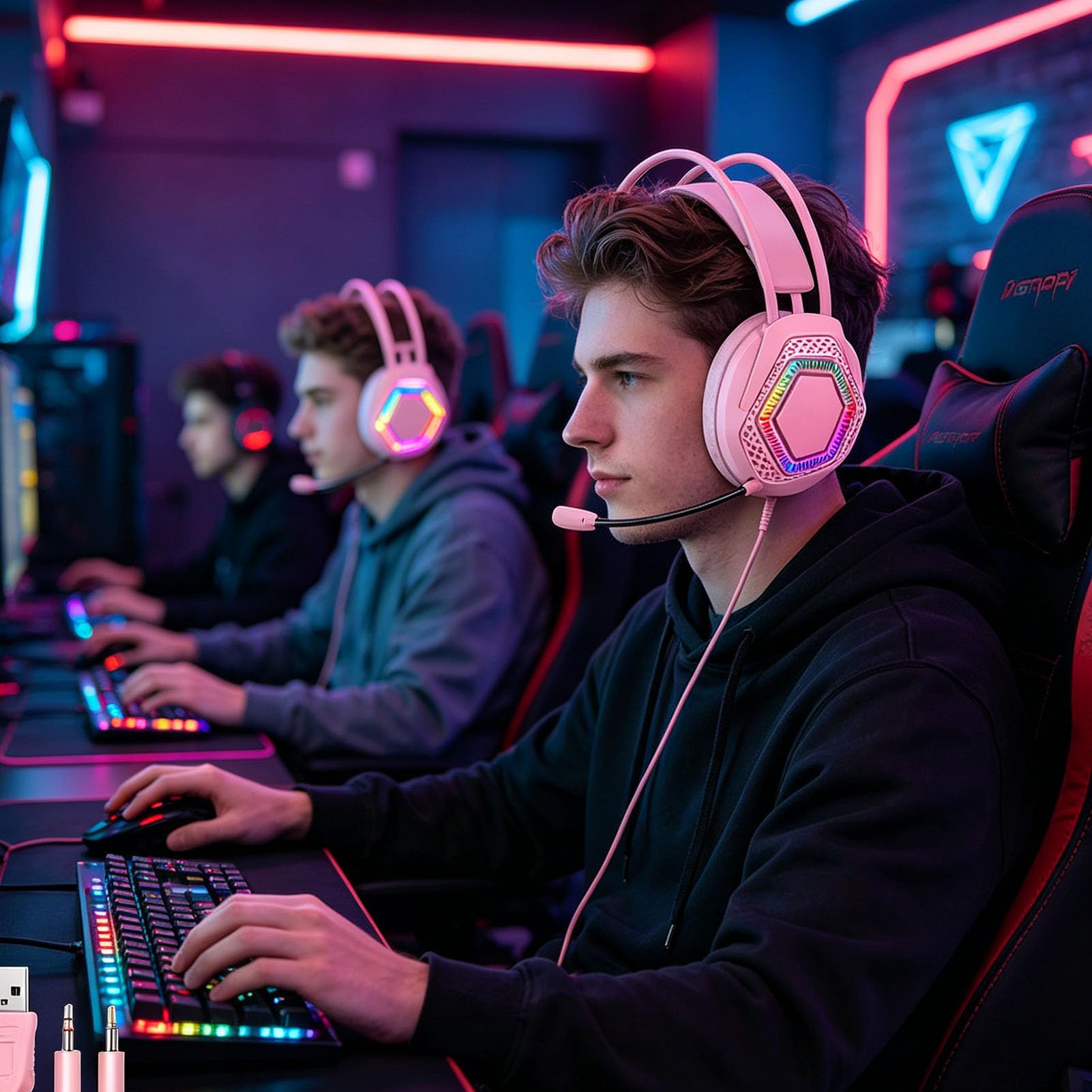 Casque de jeu filaire 3,5 mm 7.1 son surround RVB avec microphone antibruit, pilote de 50 mm, coussinets d'oreille en mousse à mémoire de forme pour PC Switch (rose)