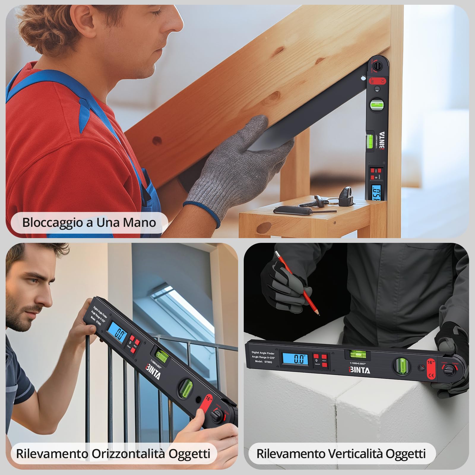 BINTA Angle Finder Digitale 0-225°Inclinometro Livella Angolare Digitale Precisione ±0.5°- Display LCD Retroilluminato, Doppia Bolla con Borsa Portatile per Falegnami/Edil/Fai Da Te-Nero