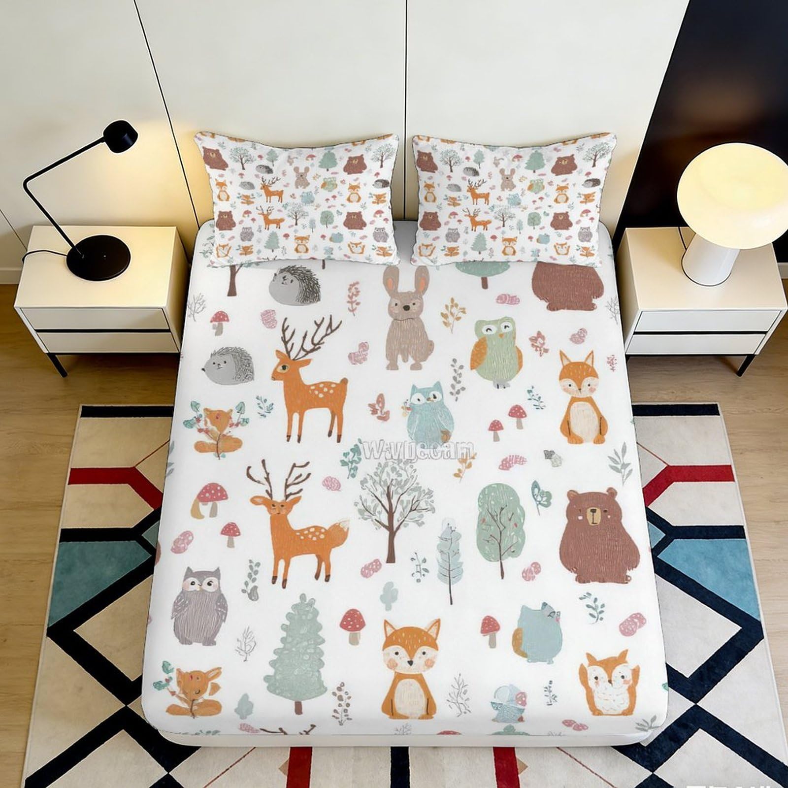 3D Printed Woodland Deer Fitted Sheet Microfiber Soft Forest Animals Mattress Cover for Bedroom Guest Room Decor 90x200x25cm