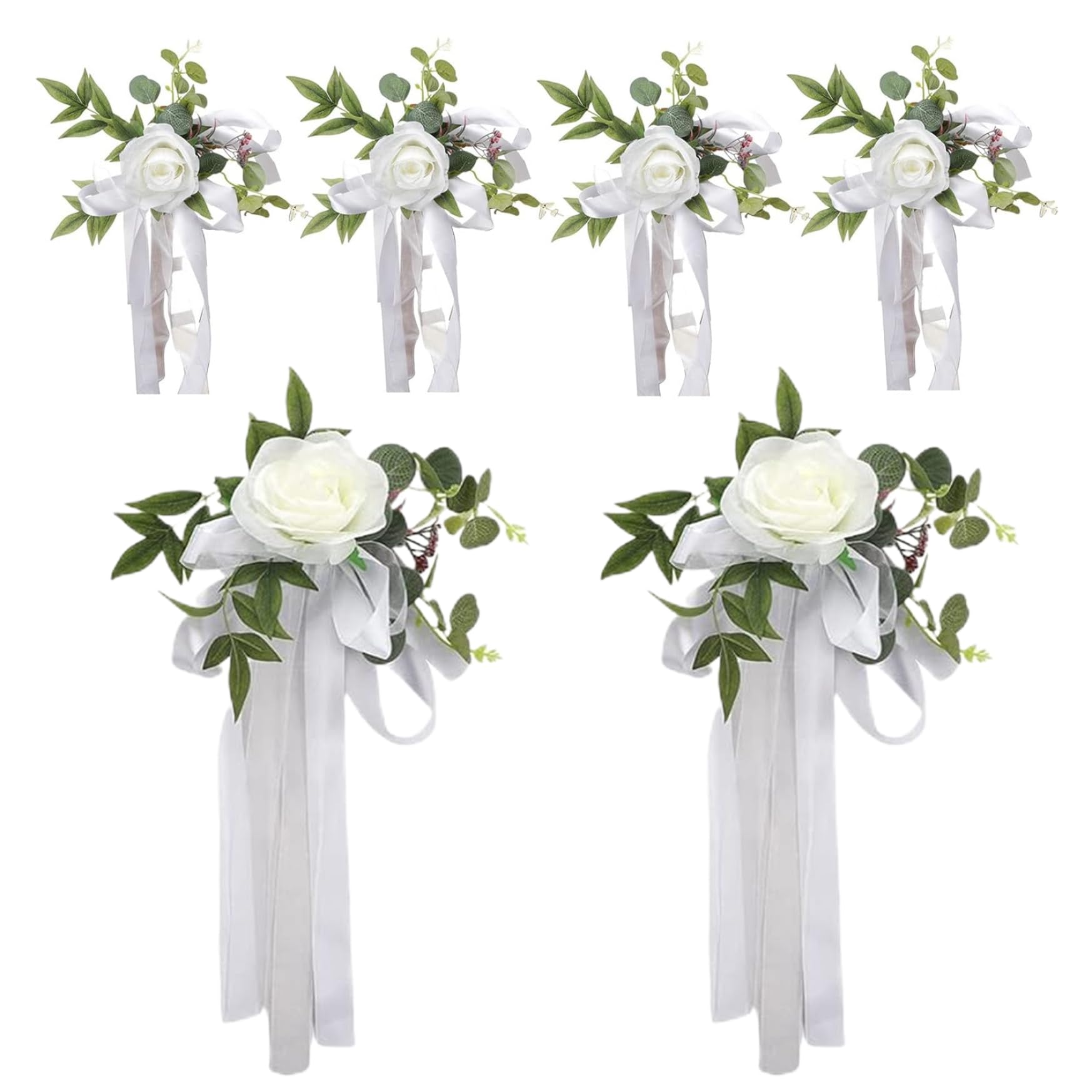 Roses artificielles de mariage : lot de 6 fleurs de banc blanches avec rubans