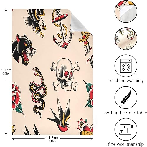 Miniatura 3 de FUGIDOG Juego de 4 paños de cocina de diseño de tatuajes de la vieja escuela, ultra suaves, absorbentes, toallas de cocina, toallas de mano, paños