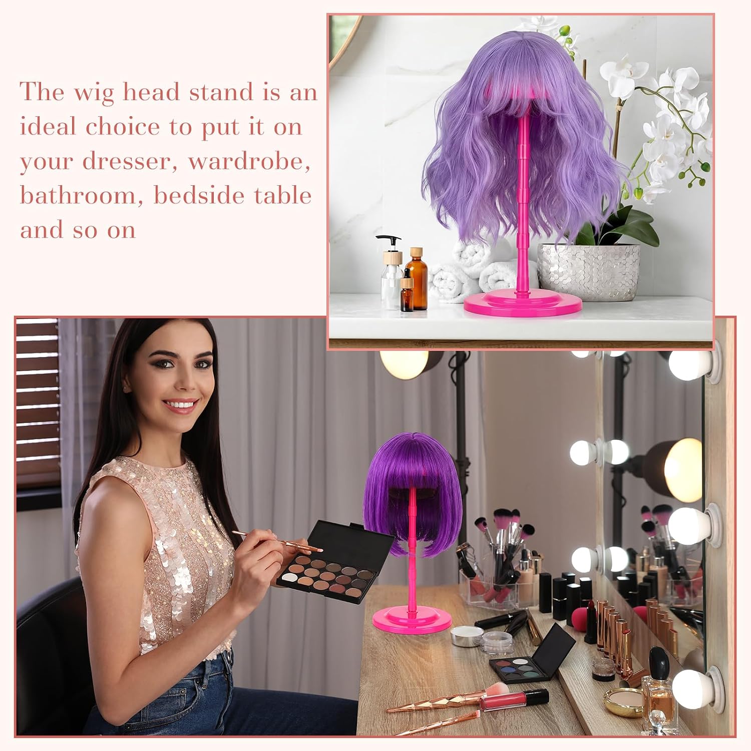 Shimeyao 8 Pcs Adjustable Wig Stand 4.53 to 14.37 Inch Portable Wig Head Holders Plastic Hat Stands for Display Non Slip Fake Hair Storage Holder for Multiple Fake Hair Styling Cap Storage (Hot Pink)